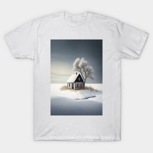 Minimalist Winter Landscape Isolated Cottage Snow Covered Tree T-Shirt